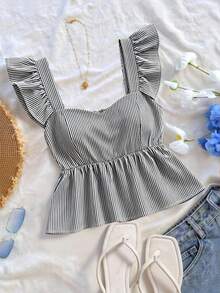 SHEIN Franclia INS 休閒法式浪漫度假女款短袖上衣 黑白條紋 夏季 - 黑色 - 查看 3