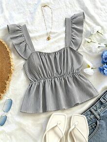 SHEIN Franclia INS 休閒法式浪漫度假女款短袖上衣 黑白條紋 夏季 - 黑色 - 查看 2