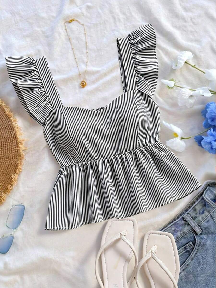 SHEIN Franclia INS 休閒法式浪漫度假女款短袖上衣 黑白條紋 夏季 - 黑色 - 查看 1