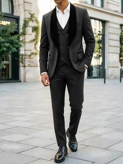 Teen Boys 3Pcs Black Velvet Formal Suit Set Double Breasted Vest Blazer Trousers Early Fall Wedding Graduation Gentleman Luxury Outfit