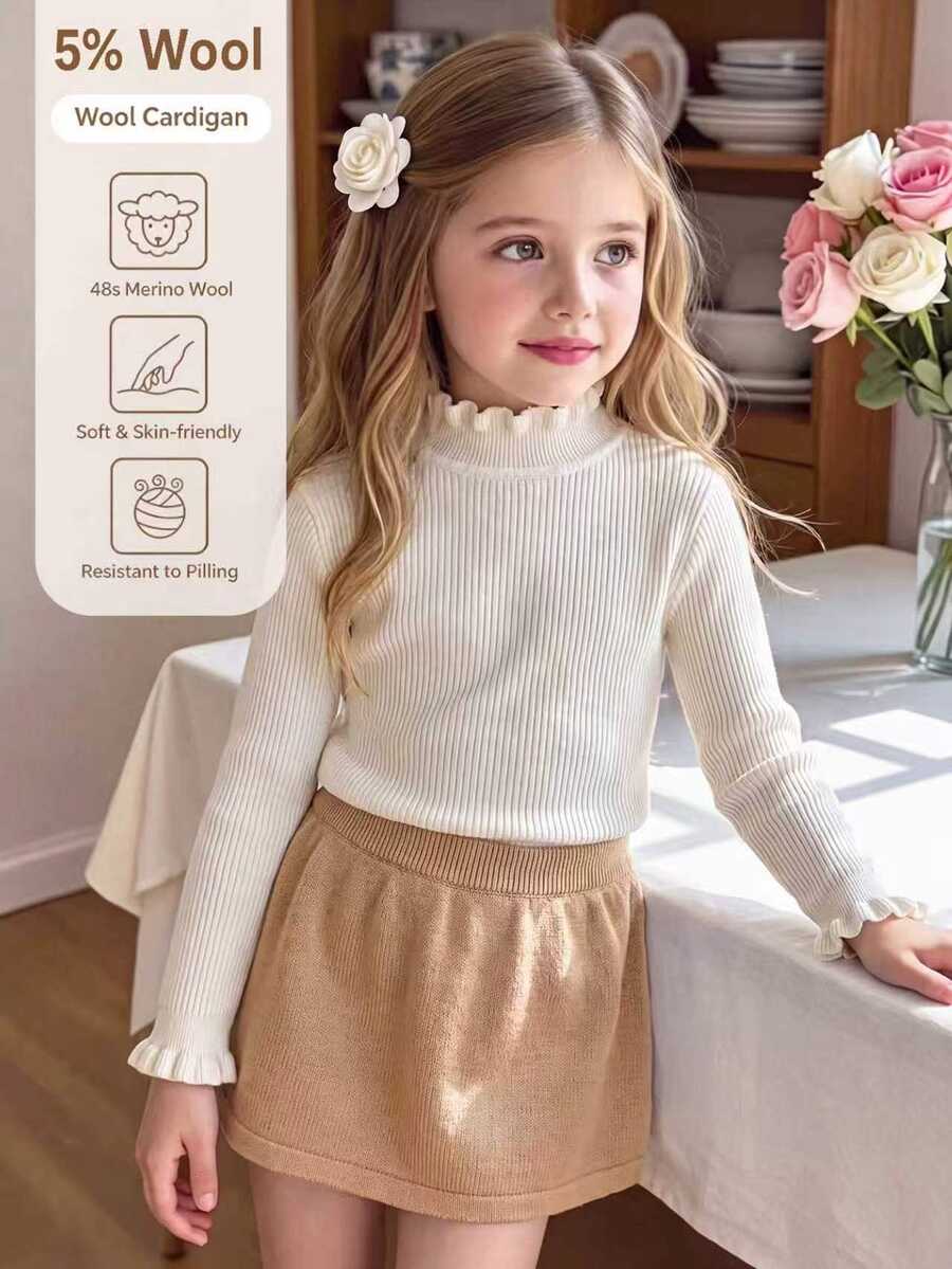 SHEIN Vintaside Kids 女童秋冬新款純色高領荷葉邊針織套頭毛衣,簡約時尚長袖內搭底層,適合幼童搭配外套、外出與通勤 - 米色 - 查看 1