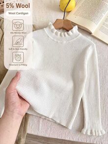 SHEIN Vintaside Kids 女童秋冬新款純色高領荷葉邊針織套頭毛衣，簡約時尚長袖內搭底層，適合幼童搭配外套、外出與通勤 - 米色 - 查看 8