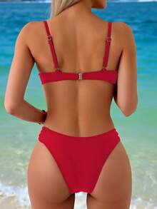 Swim Basics 女款黑色性感加墊支撐抓皺胸部上衣與比基尼泳褲2件式泳衣套裝，夏季海灘度假沙灘裝 - 紅色 - 查看 2