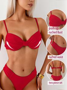 Swim Basics 女款黑色性感加墊支撐抓皺胸部上衣與比基尼泳褲2件式泳衣套裝，夏季海灘度假沙灘裝 - 紅色 - 查看 8