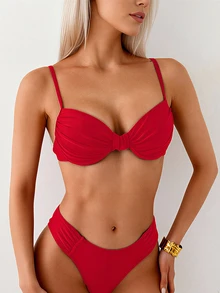 Swim Basics 女款黑色性感加墊支撐抓皺胸部上衣與比基尼泳褲2件式泳衣套裝，夏季海灘度假沙灘裝 - 紅色 - 查看 5