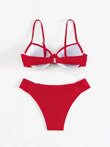 Swim Basics 女款黑色性感加墊支撐抓皺胸部上衣與比基尼泳褲2件式泳衣套裝，夏季海灘度假沙灘裝 - 紅色 - 查看 3