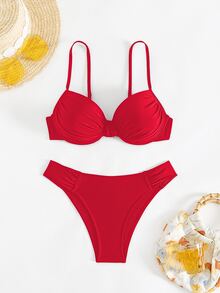 Swim Basics 女款黑色性感加墊支撐抓皺胸部上衣與比基尼泳褲2件式泳衣套裝，夏季海灘度假沙灘裝 - 紅色 - 查看 6
