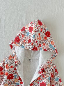 SHEIN 女嬰幼兒女童連帽夾克外套，甜美紅色花卉印花，羊羔絨內裡，長袖加厚毛茸茸，拉鍊開襟，適合冬季與秋季節日穿著 - 彩色 - 查看 7