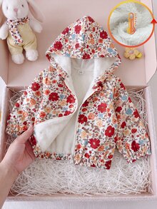 SHEIN 女嬰幼兒女童連帽夾克外套，甜美紅色花卉印花，羊羔絨內裡，長袖加厚毛茸茸，拉鍊開襟，適合冬季與秋季節日穿著 - 彩色 - 查看 3