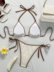 SHEIN Swim Vcay Set Bikini Wanita Model Terbaru dengan Trim Kontras - Krem - View 5
