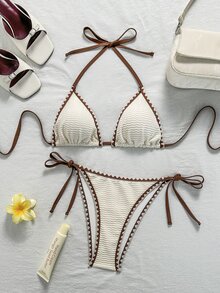 SHEIN Swim Vcay Set Bikini Wanita Model Terbaru dengan Trim Kontras - Krem - View 3