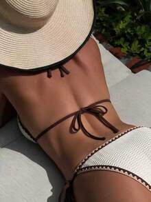 SHEIN Swim Vcay Set Bikini Wanita Model Terbaru dengan Trim Kontras - Krem - View 4