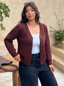 SHEIN Frenchy Plus Size Casual Normal Elegant Solid Color Cardigan Fall/Winter Teachers' Day Office Evening Formal Dates Business Burgundy - Brown - View 5