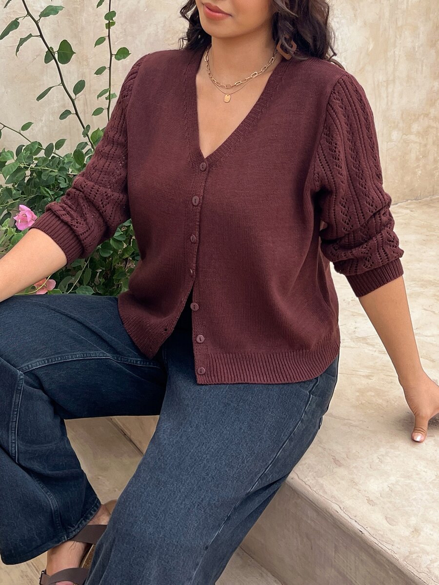 SHEIN Frenchy Plus Size Casual Normal Elegant Solid Color Cardigan Fall/Winter Teachers' Day Office Evening Formal Dates Business Burgundy