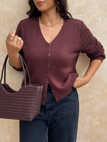 SHEIN Frenchy Plus Size Casual Normal Elegant Solid Color Cardigan Fall/Winter Teachers' Day Office Evening Formal Dates Business Burgundy - Brown - View 7
