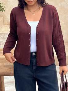 SHEIN Frenchy Plus Size Casual Normal Elegant Solid Color Cardigan Fall/Winter Teachers' Day Office Evening Formal Dates Business Burgundy - Brown - View 11