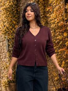 SHEIN Frenchy Plus Size Casual Normal Elegant Solid Color Cardigan Fall/Winter Teachers' Day Office Evening Formal Dates Business Burgundy - Brown - View 4