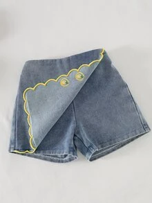 Souflis Souflis Girls 2pcs Set Children Spring Summer Round Neck Knit T-Shirt And Denim Skort Set, Embroidered And Contrast Color Crafts, Casual Cute Cherry Embroidery Design Girls Summer Short Sleeve Shorts Set - Yellow - View 6
