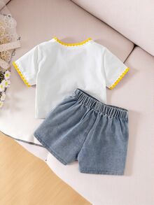 Souflis Souflis Girls 2pcs Set Children Spring Summer Round Neck Knit T-Shirt And Denim Skort Set, Embroidered And Contrast Color Crafts, Casual Cute Cherry Embroidery Design Girls Summer Short Sleeve Shorts Set - Yellow - View 3