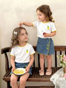 Souflis Souflis Girls 2pcs Set Children Spring Summer Round Neck Knit T-Shirt And Denim Skort Set, Embroidered And Contrast Color Crafts, Casual Cute Cherry Embroidery Design Girls Summer Short Sleeve Shorts Set - Yellow - View 2
