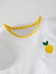 Souflis Souflis Girls 2pcs Set Children Spring Summer Round Neck Knit T-Shirt And Denim Skort Set, Embroidered And Contrast Color Crafts, Casual Cute Cherry Embroidery Design Girls Summer Short Sleeve Shorts Set - Yellow - View 7