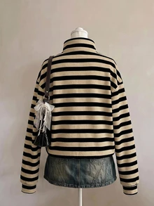 SHEIN EZwear 條紋印花半拉鍊落肩衛衣 - 彩色 - 查看 2