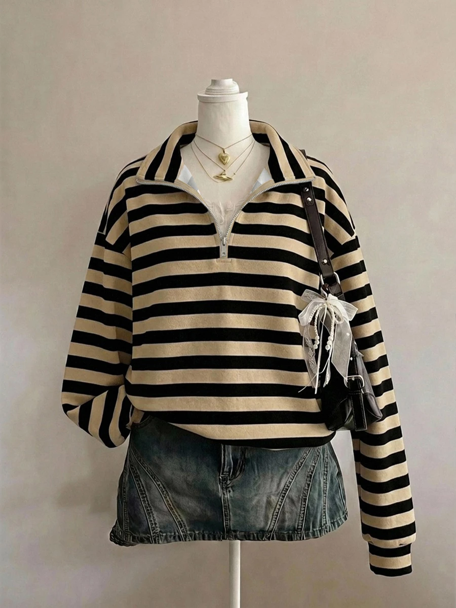 SHEIN EZwear 條紋印花半拉鍊落肩衛衣 - 彩色 - 查看 1