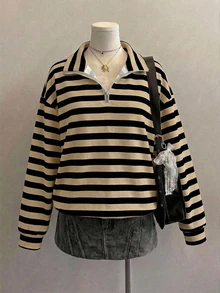 SHEIN EZwear 條紋印花半拉鍊落肩衛衣 - 彩色 - 查看 6