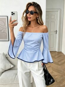 Elyressa 女款秋季法式浪漫優雅對比飾邊露肩荷葉邊長袖抽褶腰後綁帶襯衫 - 藍白色 - 查看 1