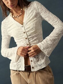 Bohemela 女款法式蕾絲單排扣抓皺腰長袖上衣 白色 秋季約會優雅風 - 白色 - 查看 5