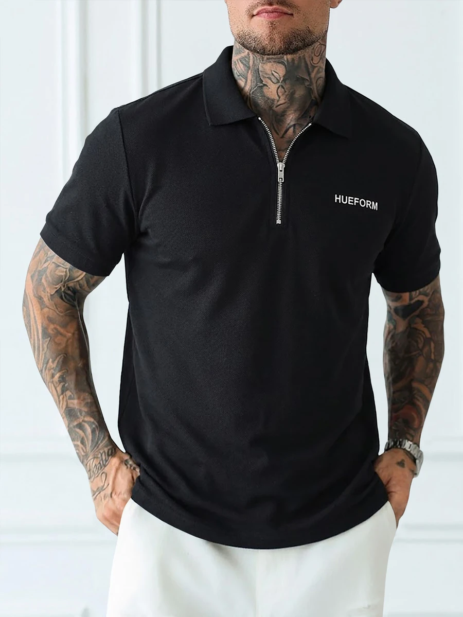 HUEFORM Men's Letter Print Short Sleeve Polo Shirt, Mature, Casual, Fashionable, Summer - Black - View 1