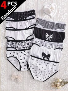 SHEIN 【4件隨機】青少年女孩三角內褲 黑白灰 蝴蝶結 波點 愛心 星星 花卉印花 柔軟彈性內褲 全季舒適 - 彩色 - 查看 1