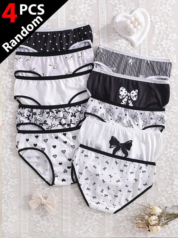 SHEIN [4PCS Random]Teen Girls Triangle Briefs Black White Grey Bow Polka Dot Heart Star Floral Print Soft Stretchy Underwear,All-Season Comfort