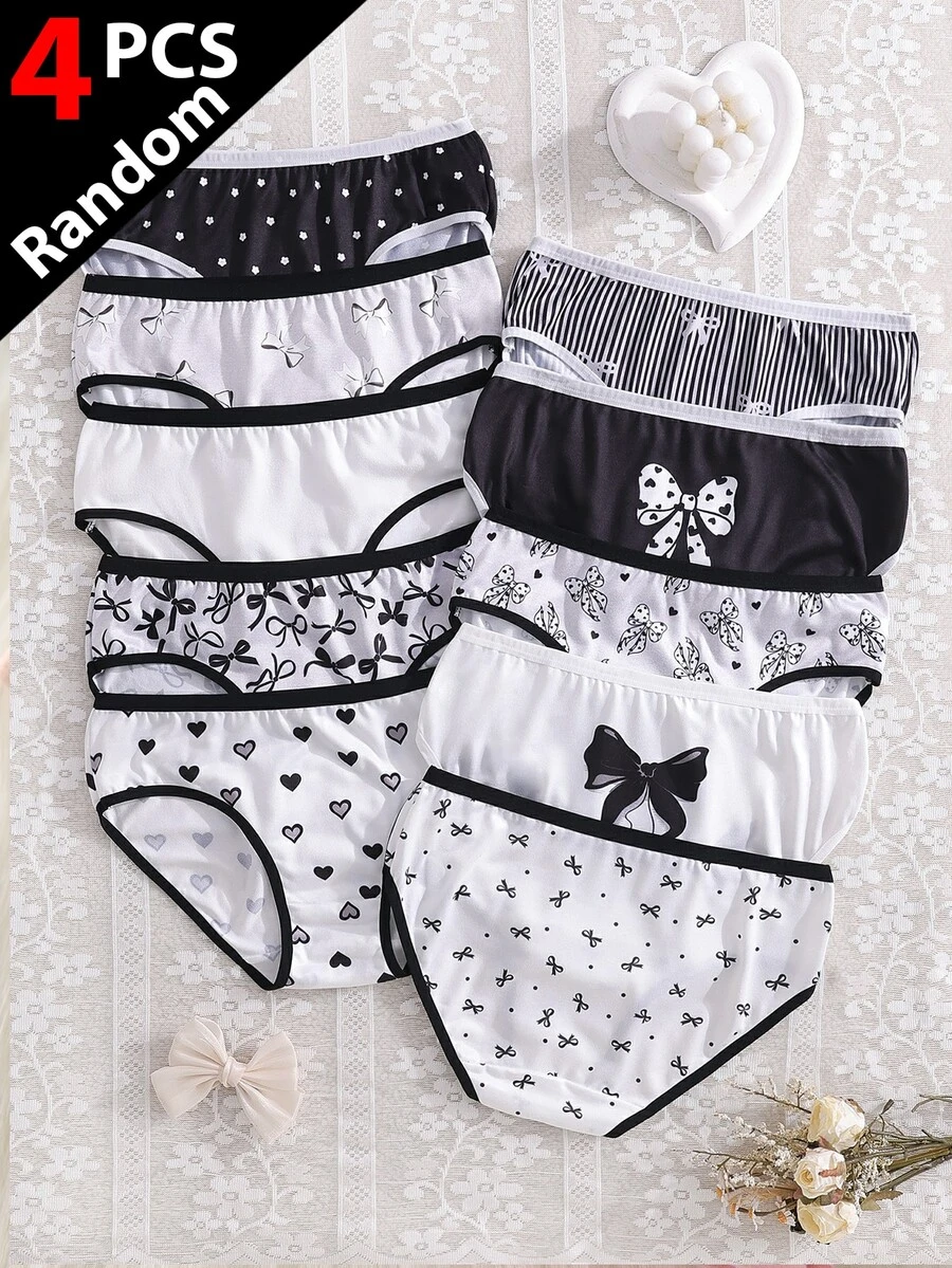 SHEIN 【4件隨機】青少年女孩三角內褲 黑白灰 蝴蝶結 波點 愛心 星星 花卉印花 柔軟彈性內褲 全季舒適 - 彩色 - 查看 1