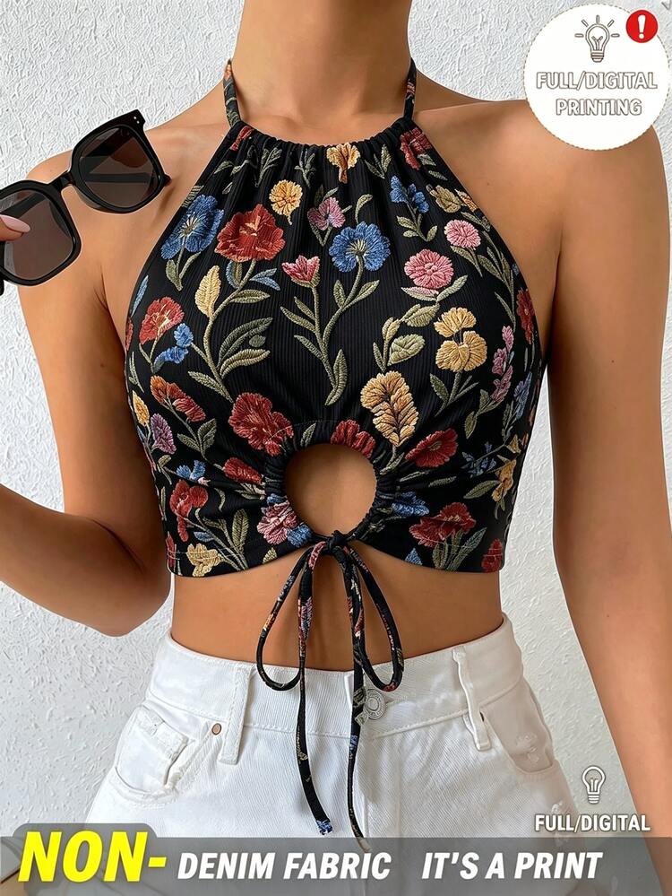 Breezaya Women's Summer Black Floral Print Hollow Out Tie-Up Crop Top Graphic Print Tees Women Tops Night Out Vacation Beach Vacation Floral Sexy Boho - Multicolor - View 1