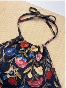 Breezaya 女款夏季黑色花卉印花鏤空綁帶短版上衣，圖案印花女式上衣，適合夜生活、度假、海灘度假，性感波西米亞風 - 彩色 - 查看 7