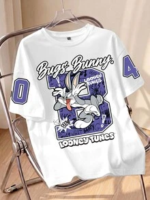 LOONEY TUNES X SHEIN 女款可愛卡通印花圓領短袖T恤 - 白色 - 查看 1