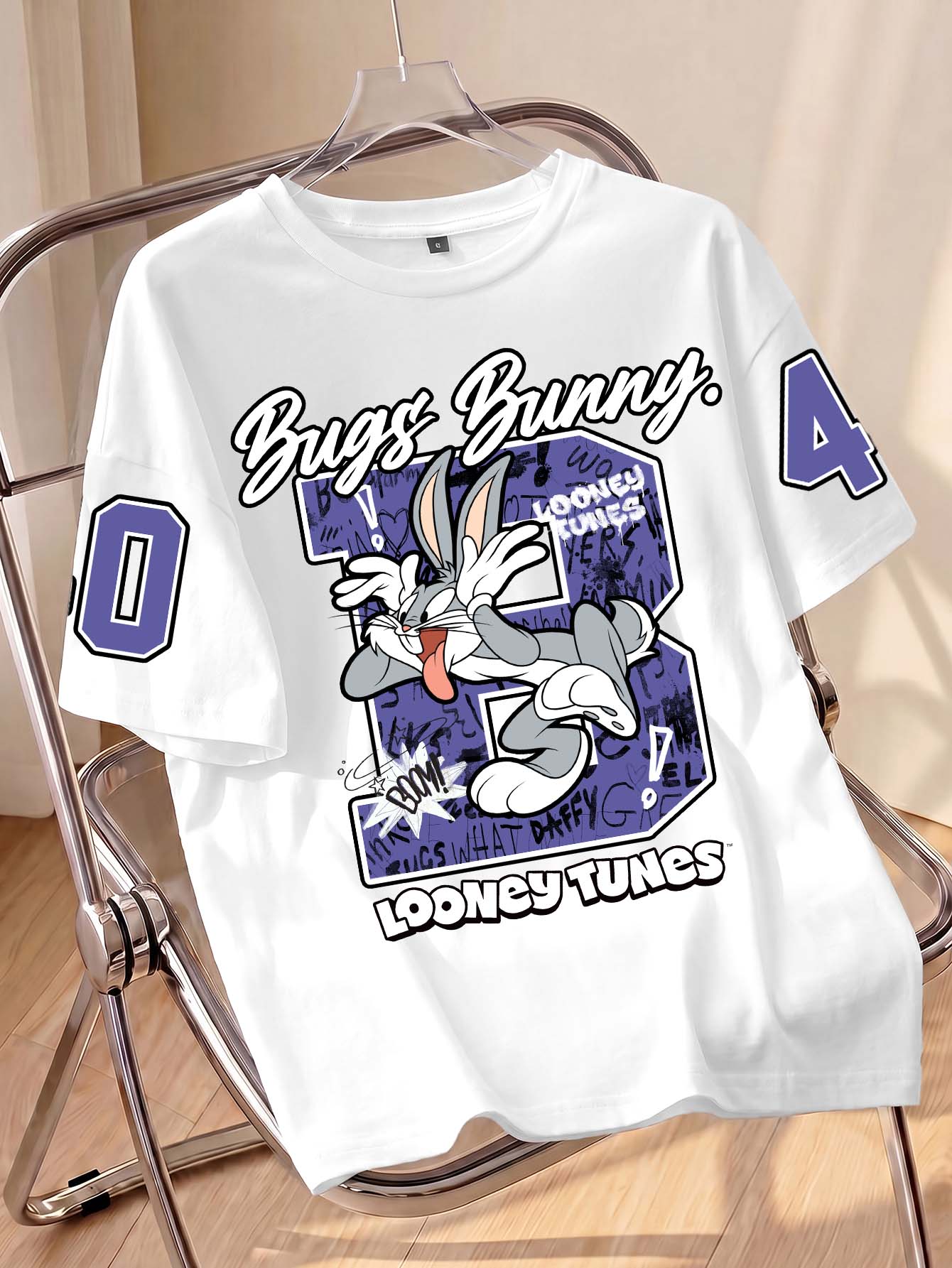 LOONEY TUNES X SHEIN 女款可愛卡通印花圓領短袖T恤 - 白色 - 查看 1