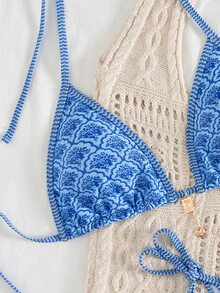 Swim Mod Women's Summer New Edged Halter Backless Tie Side Allover Print Bikini Set - Blue - View 4