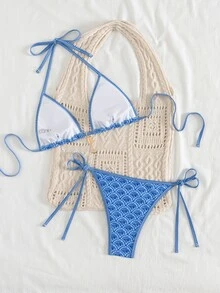 Swim Mod Women's Summer New Edged Halter Backless Tie Side Allover Print Bikini Set - Blue - View 2