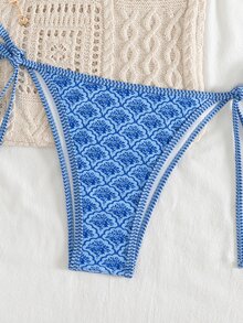Swim Mod Women's Summer New Edged Halter Backless Tie Side Allover Print Bikini Set - Blue - View 5