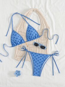 Swim Mod Women's Summer New Edged Halter Backless Tie Side Allover Print Bikini Set - Blue - View 3