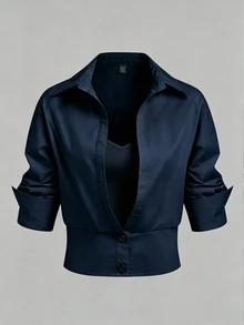 GlowEve CURVE Plus Size Designer Lightweight Luxury Knit Patchwork Slim Fit Shirt , Summer Casual Outing Commute Workwear Top Fall - Blue - View 3