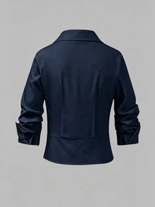 GlowEve CURVE Plus Size Designer Lightweight Luxury Knit Patchwork Slim Fit Shirt , Summer Casual Outing Commute Workwear Top Fall - Blue - View 2