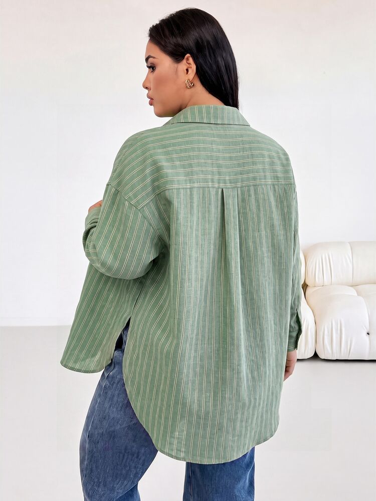 Shapeblank Plus Size Business Casual Single-Breasted Striped Long Sleeve Shirt For Office Fall - Mint Green - View 2
