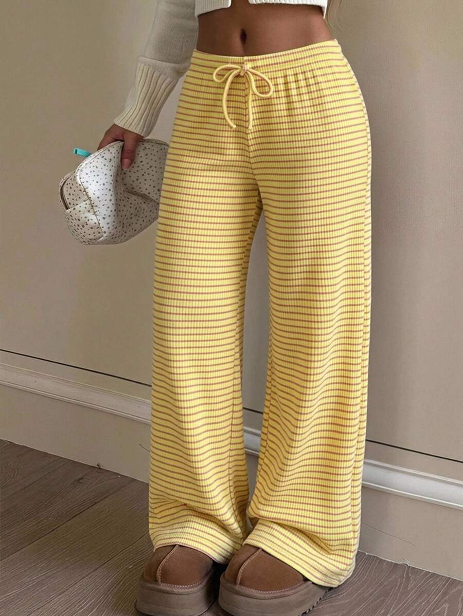 Teen Girl Casual Daily Striped Colorblock Drawstring Waist Long Pants - Yellow - View 1