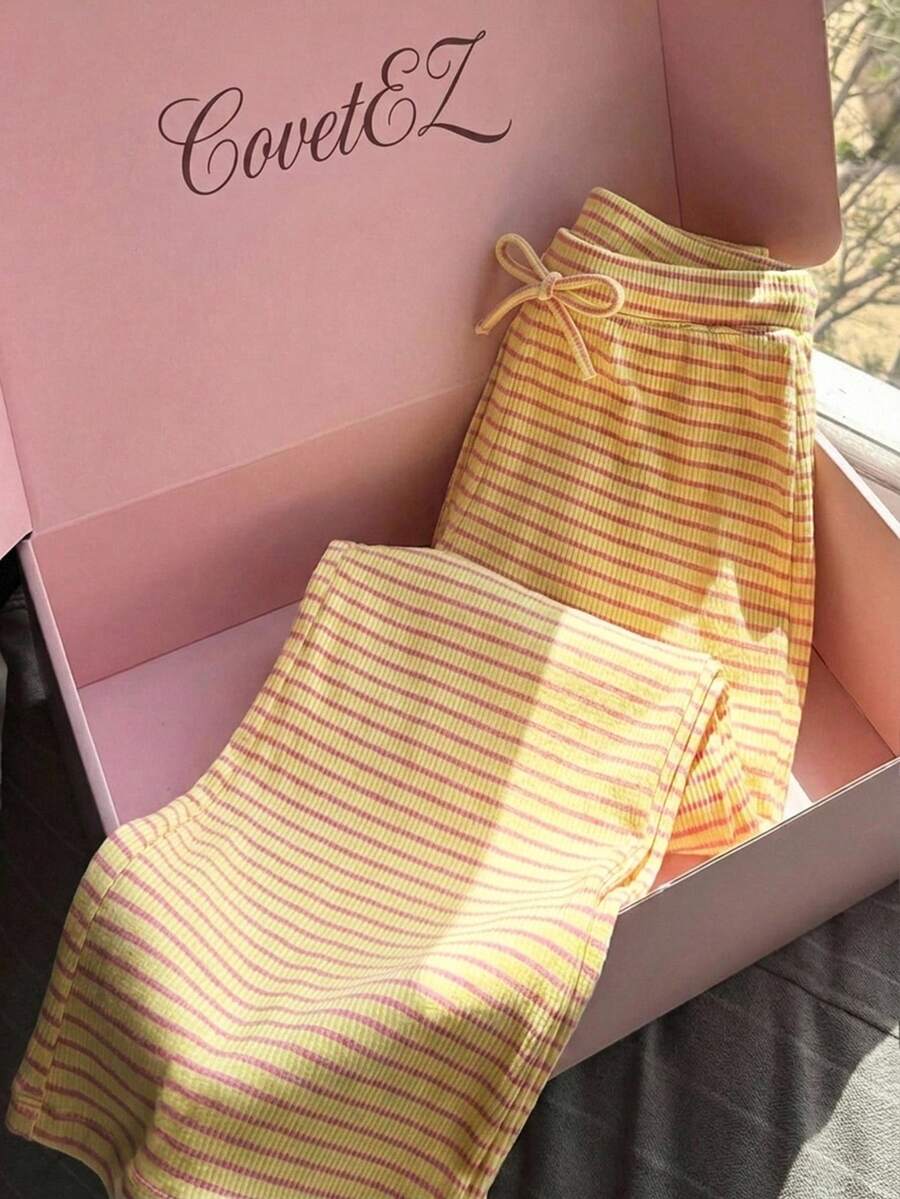 Teen Girl Casual Daily Striped Colorblock Drawstring Waist Long Pants - Yellow - View 1