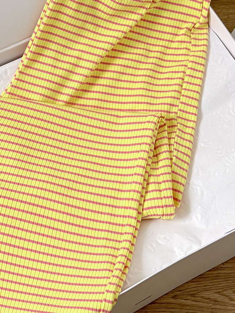 Teen Girl Casual Daily Striped Colorblock Drawstring Waist Long Pants - Yellow - View 4