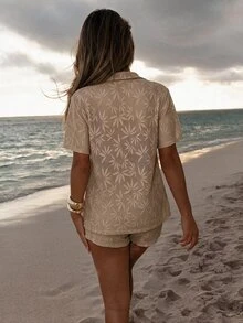 Swim SXY 2pcs Women's Holiday Beach Holiday Pool Party Khaki Hollow Out Top And Shorts Set Summer Boho - Brown - View 2