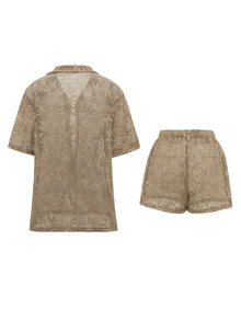 Swim SXY 2pcs Women's Holiday Beach Holiday Pool Party Khaki Hollow Out Top And Shorts Set Summer Boho - Brown - View 6